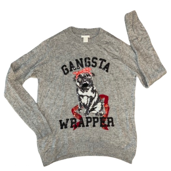 H&M Christmas Gangsta Wrapper Pug ALPACA Sweater UGLY CHRISTMAS SWEATER Sequins - Picture 4 of 9